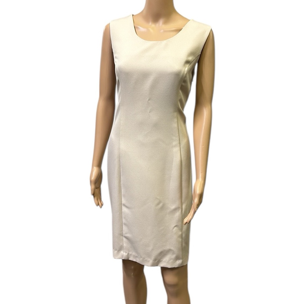 Lew Magram Cream with Satin Tuxedo Stripe Sleeveless Zip Back Dress Womens 14